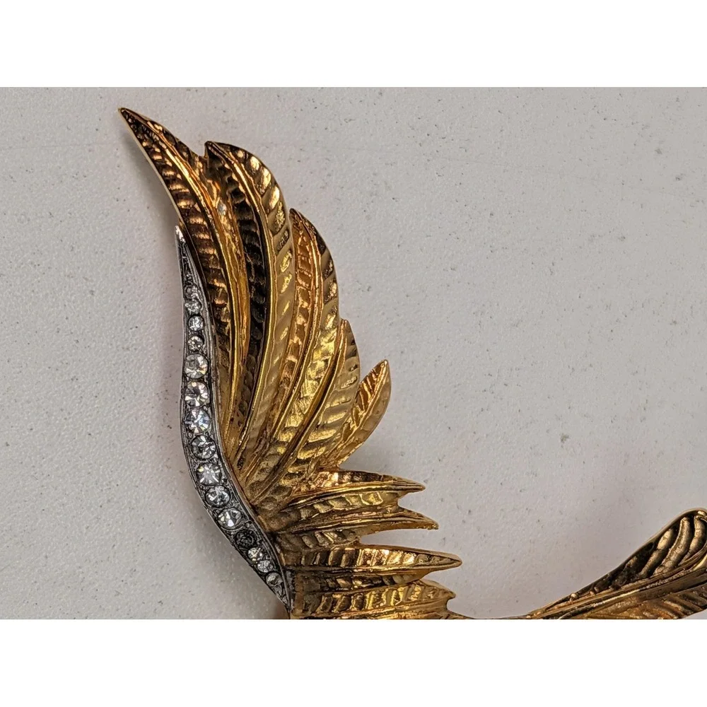Bird Brooch Gold Tone Blue Enamel Clear Stone Wings Animal Statement Pin